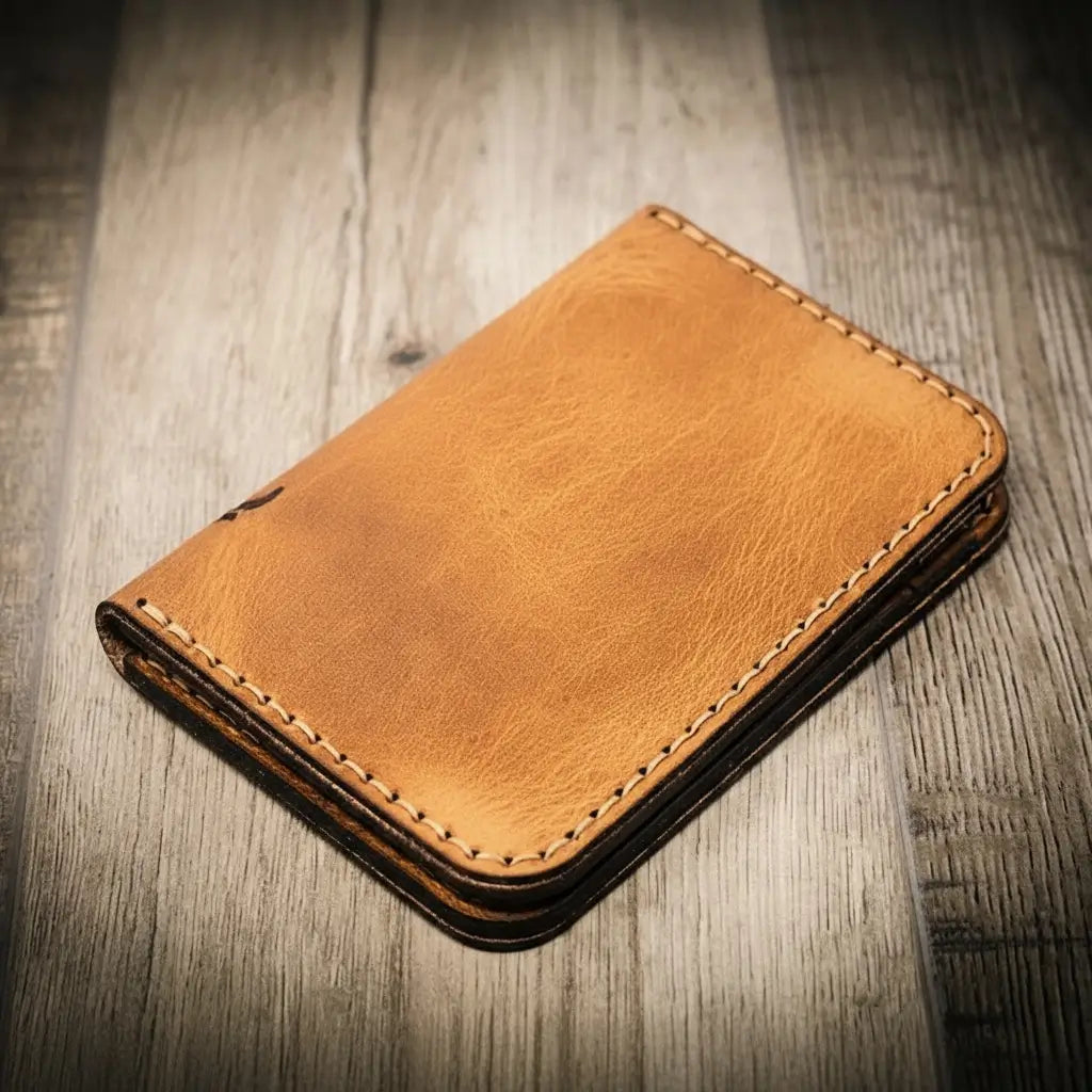Saddle tan vertical leather wallet with card slots, view 2