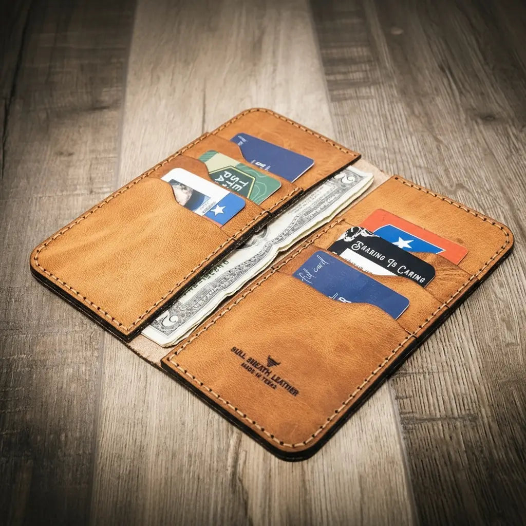 Saddle tan western tooled leather long wallet, view 2
