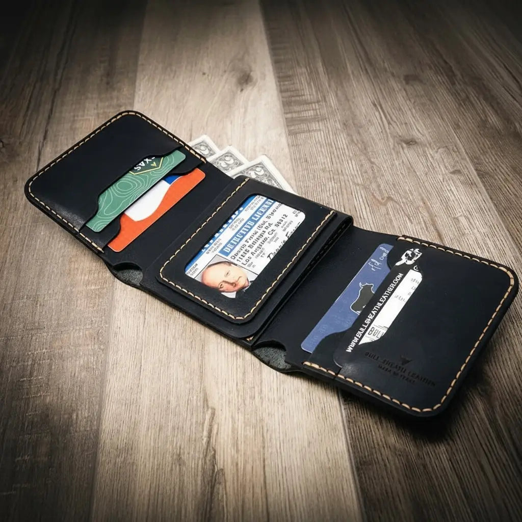Long Shift Badge Trifold Wallet in Black by Bull Sheath Leather, view 2