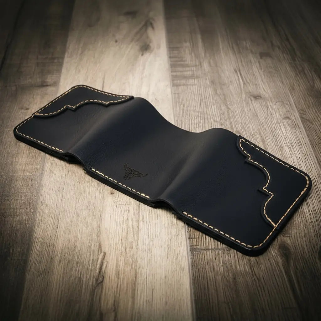 Tooled Western Trifold Wallet in Black by Bull Sheath Leather, view 3