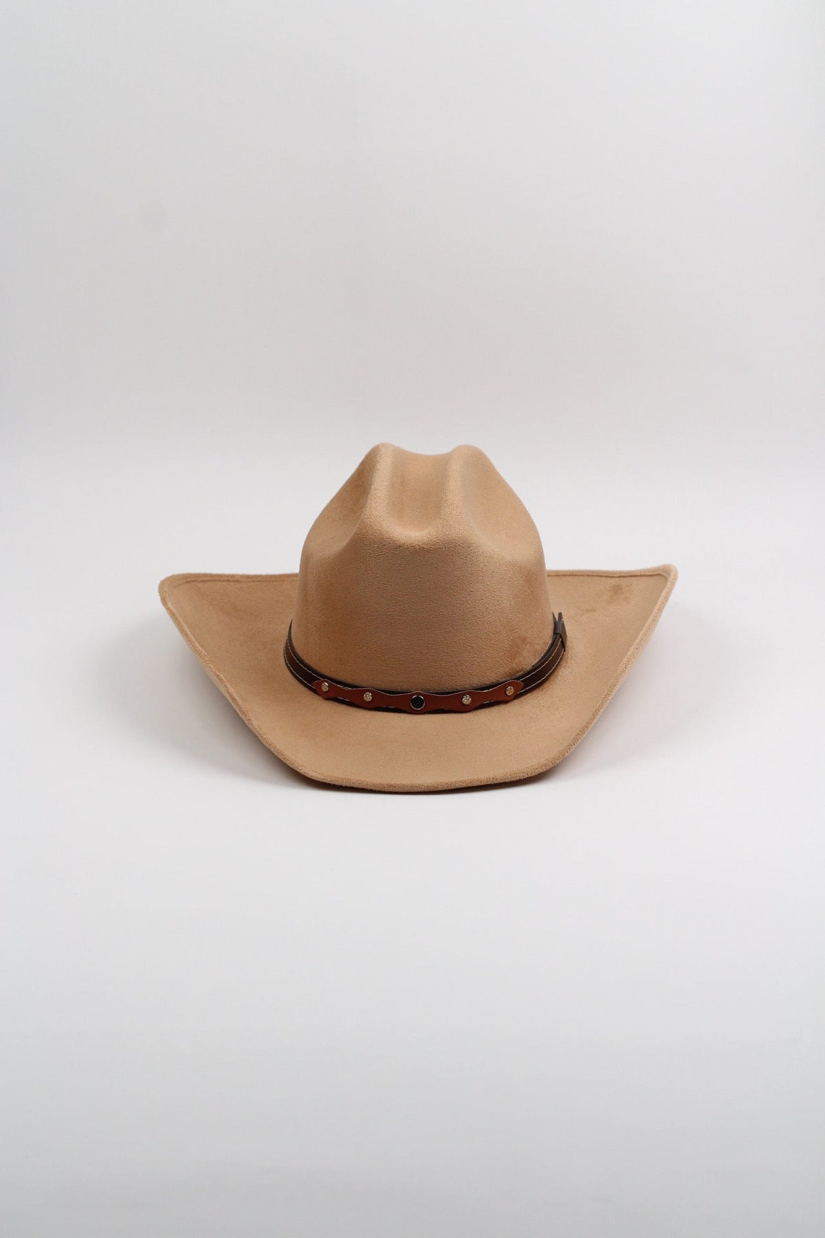 Cappuccino brown vegan suede cowboy hat with a lifted brim and faux leather band, view 3