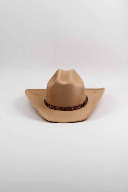 Cappuccino brown vegan suede cowboy hat with a lifted brim and faux leather band, view 3