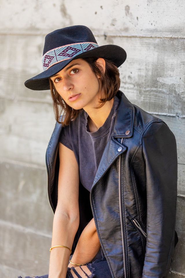 Black alpaca wool felt fedora with a short brim and woven band, view 2