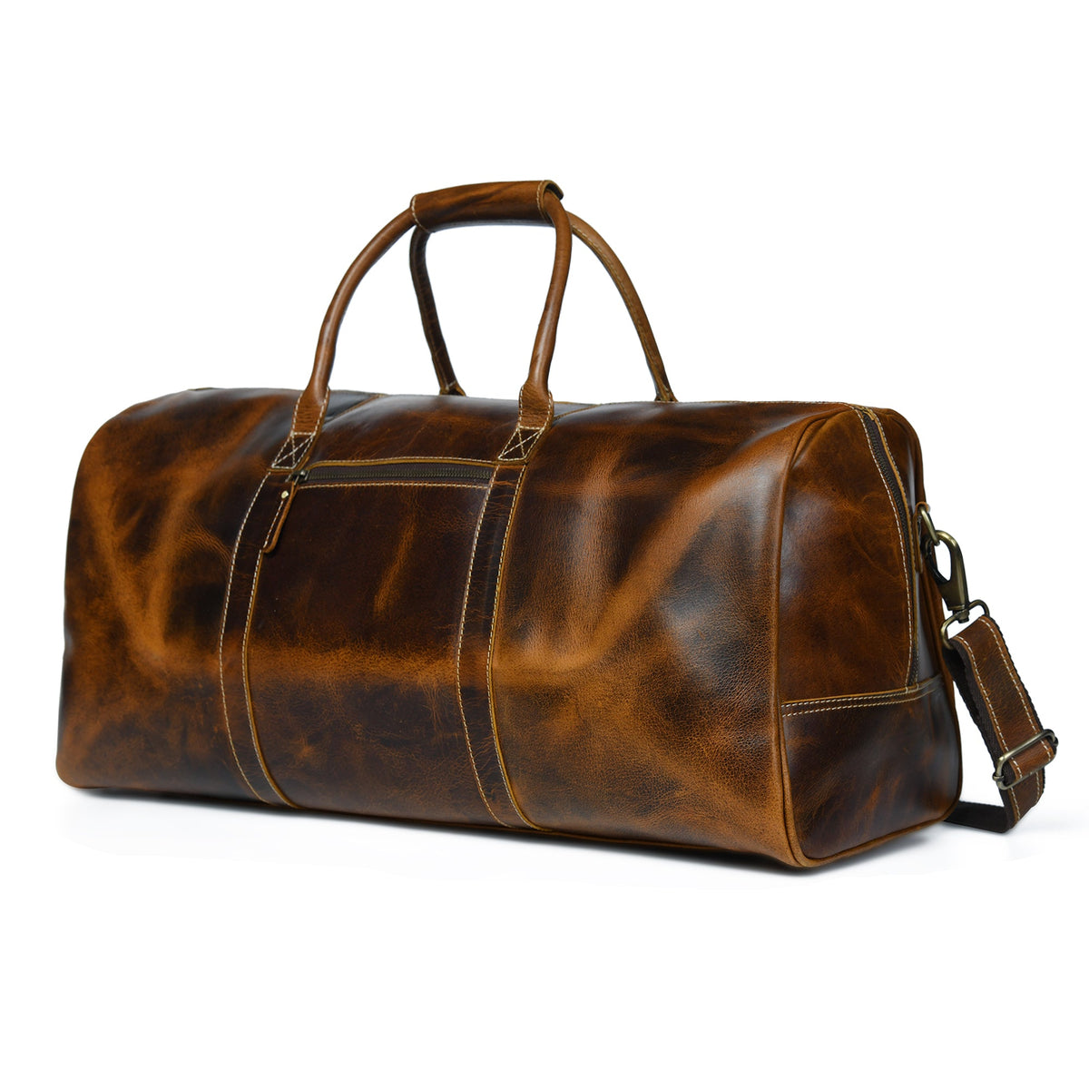 Caramel buffalo leather duffle bag with brass buckles and shoulder strap, view 2