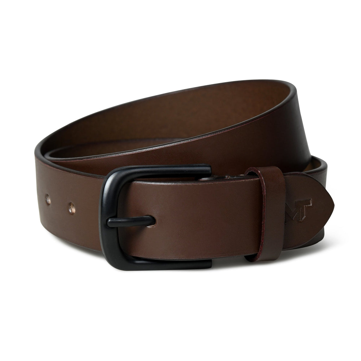 Smooth dark brown leather belt with buckle, view 3