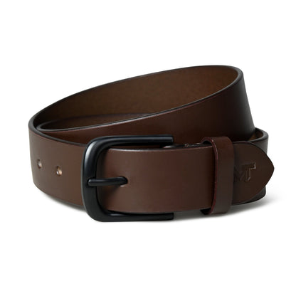 Smooth dark brown leather belt with buckle, view 3