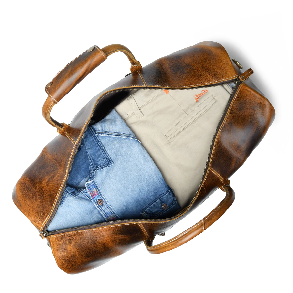 Caramel buffalo leather duffle bag with brass buckles and shoulder strap, view 4
