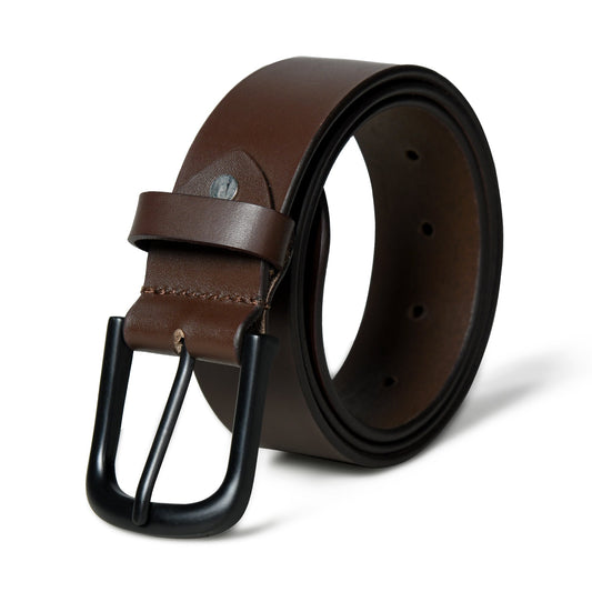 Smooth dark brown leather belt with buckle