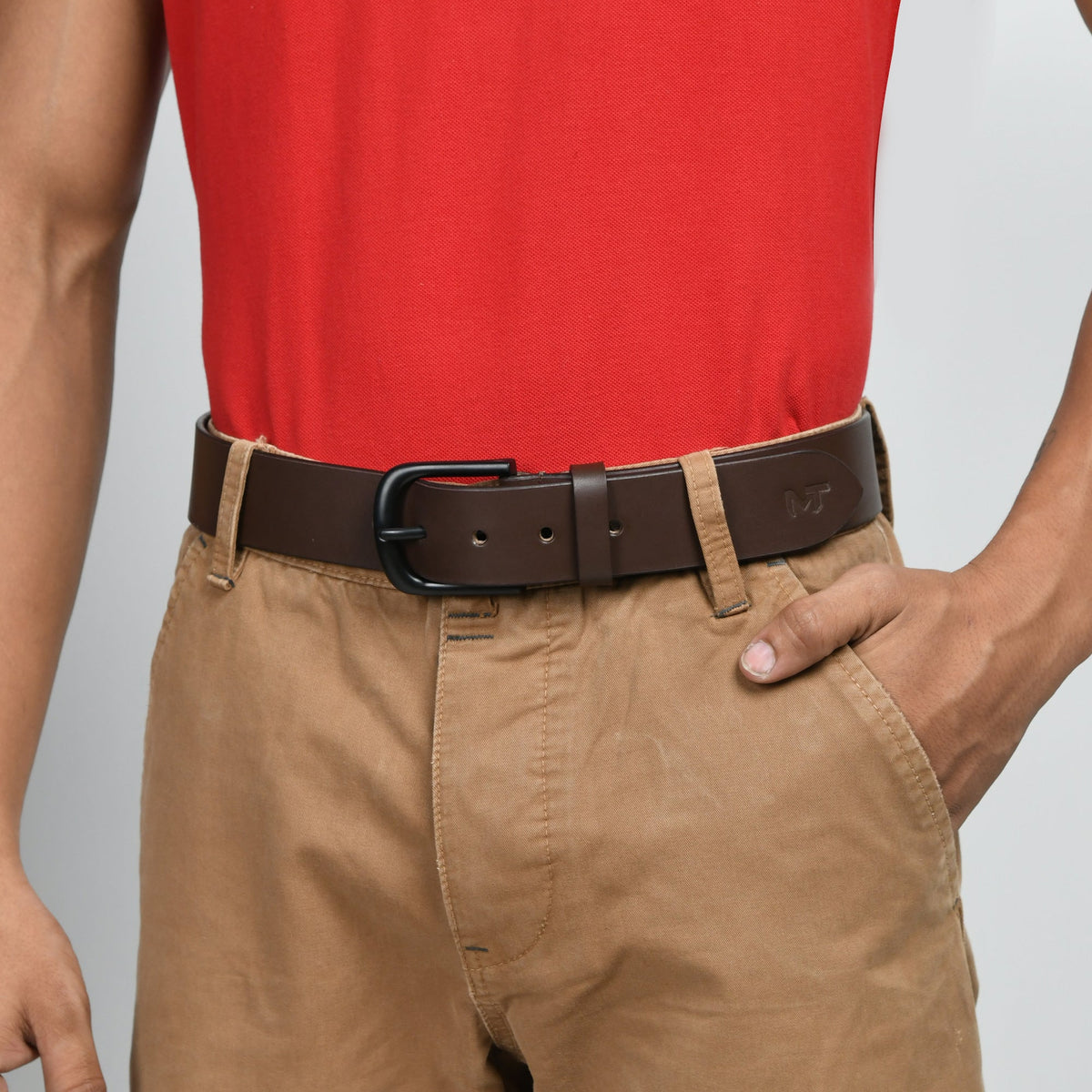Smooth dark brown leather belt with buckle, view 2