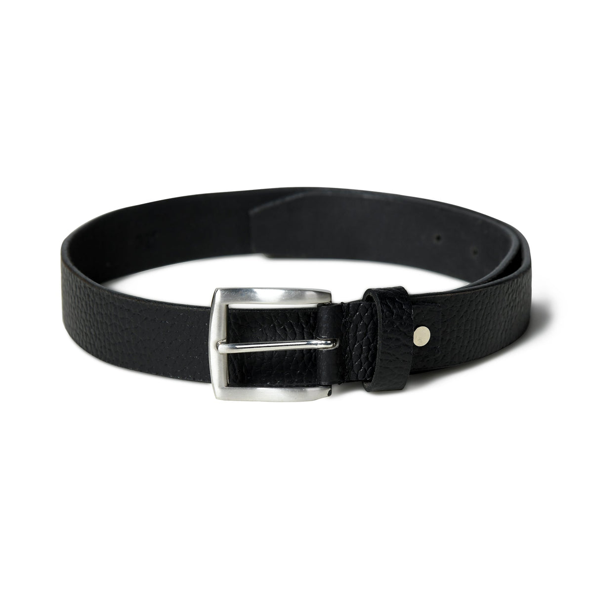 Textured black leather belt with buckle, view 3