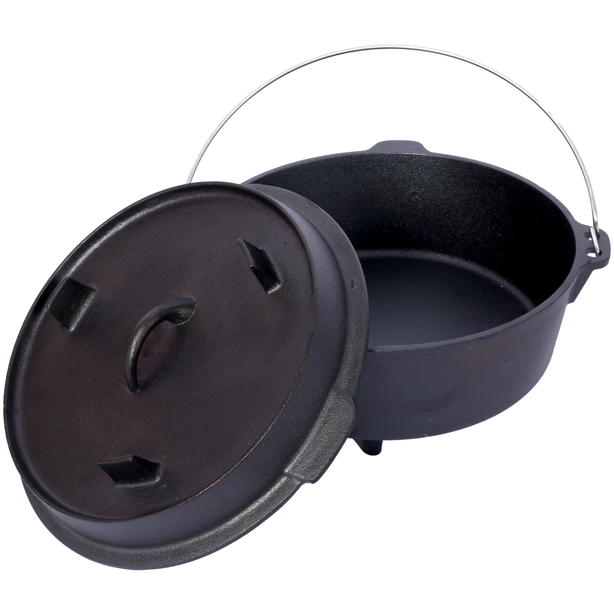 Black pre-seasoned cast iron Dutch oven with skillet lid and lid lifter