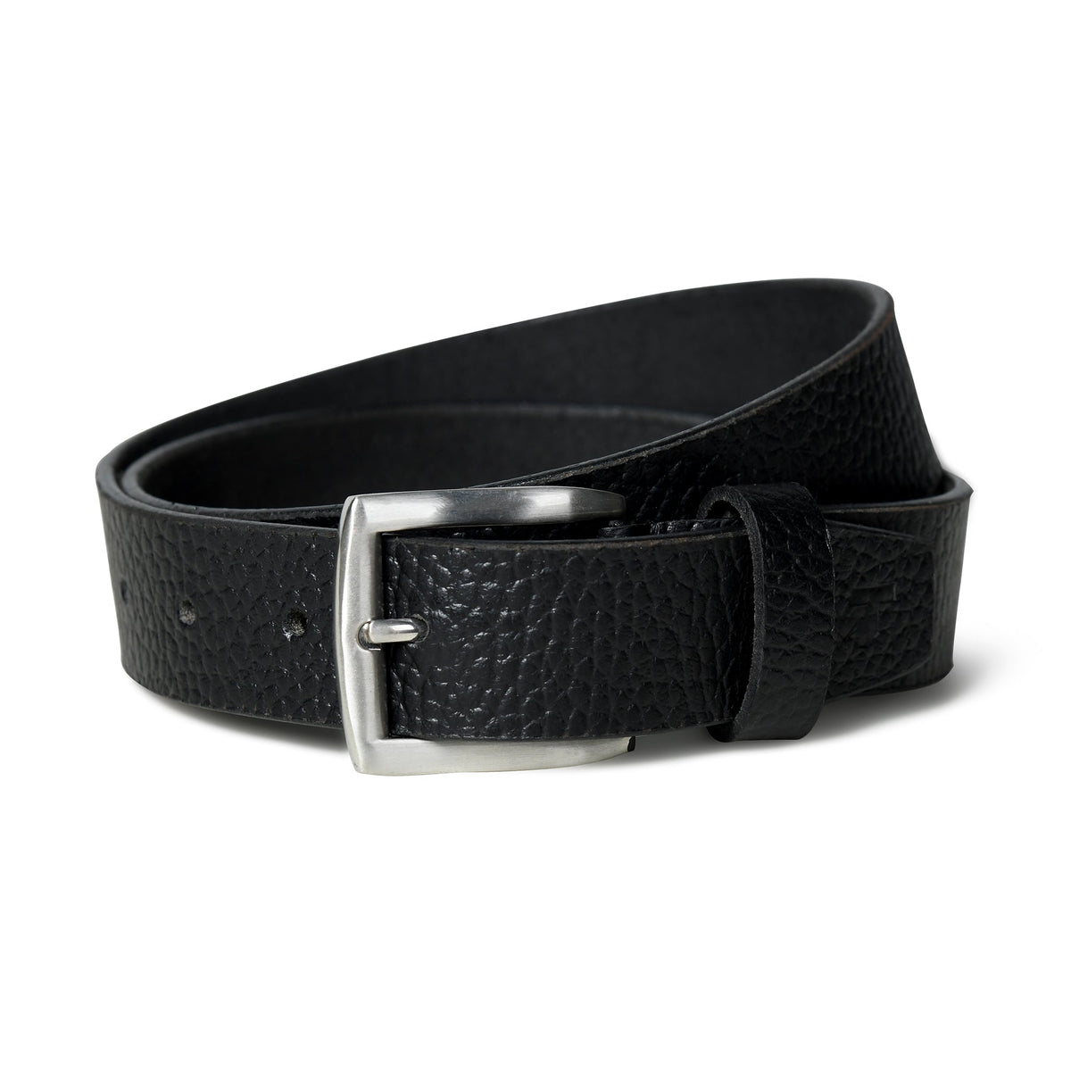 Textured black leather belt with buckle, view 4