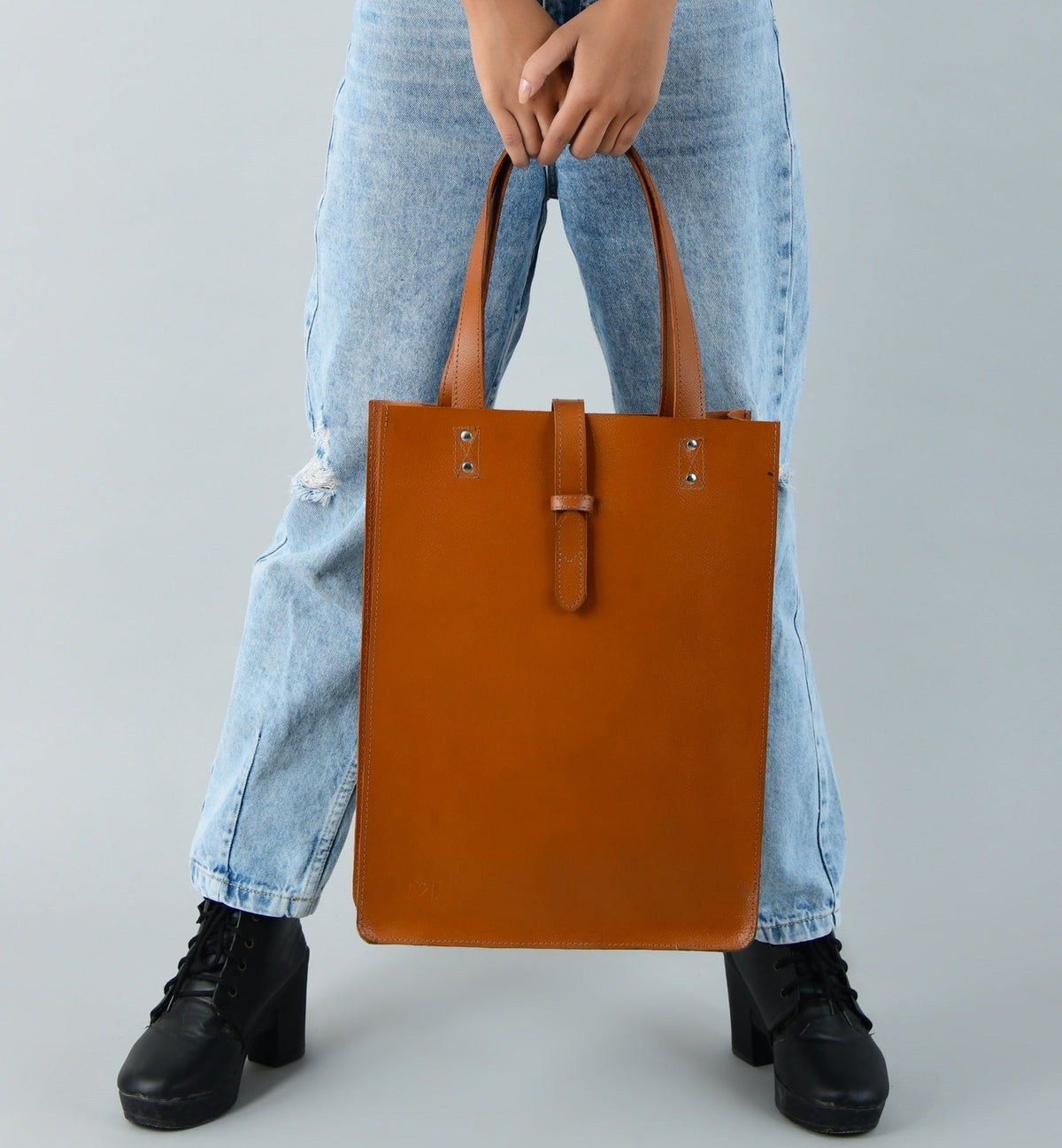 Chestnut brown buffalo leather shopper tote with two top handles