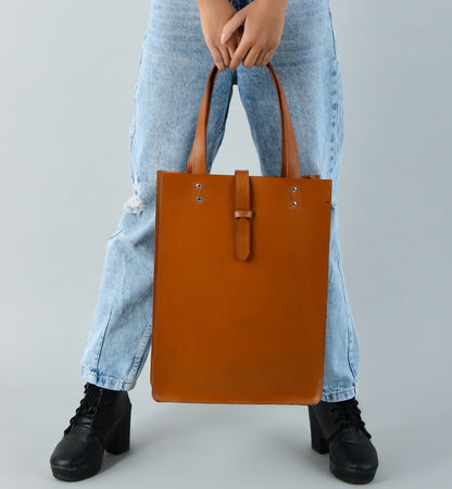 Chestnut brown buffalo leather shopper tote with two top handles