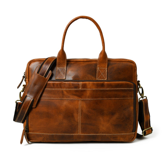 Brown buffalo leather briefcase with orange accents and top handle
