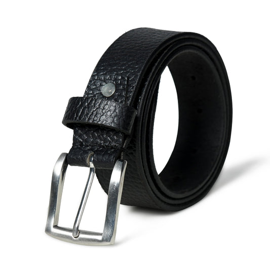 Textured black leather belt with buckle