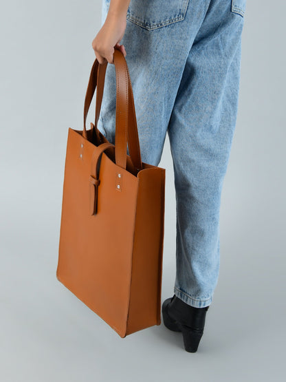 Chestnut brown buffalo leather shopper tote with two top handles, view 4