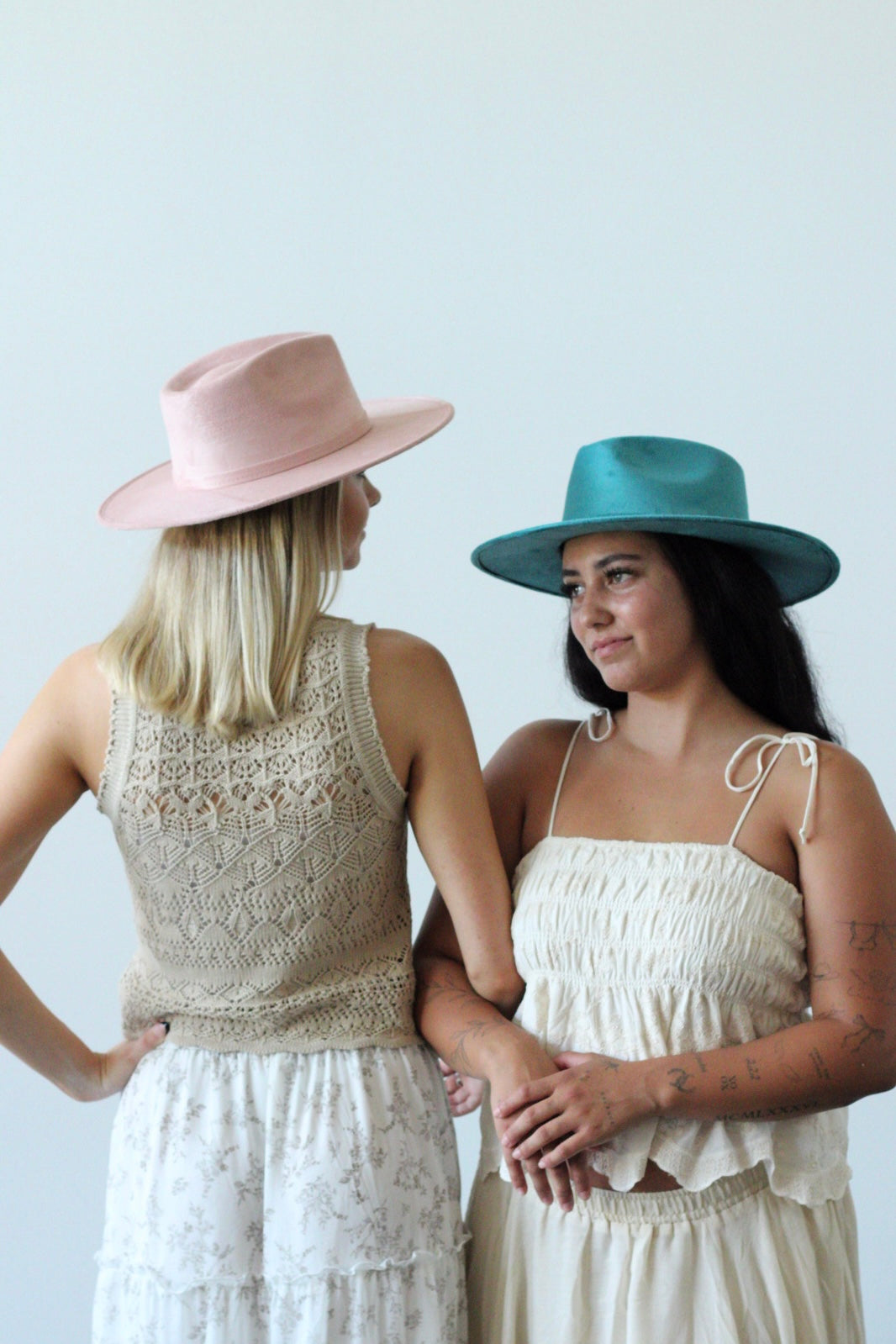 Pale dusty rose vegan suede rancher hat with a flat 3-inch brim, view 3