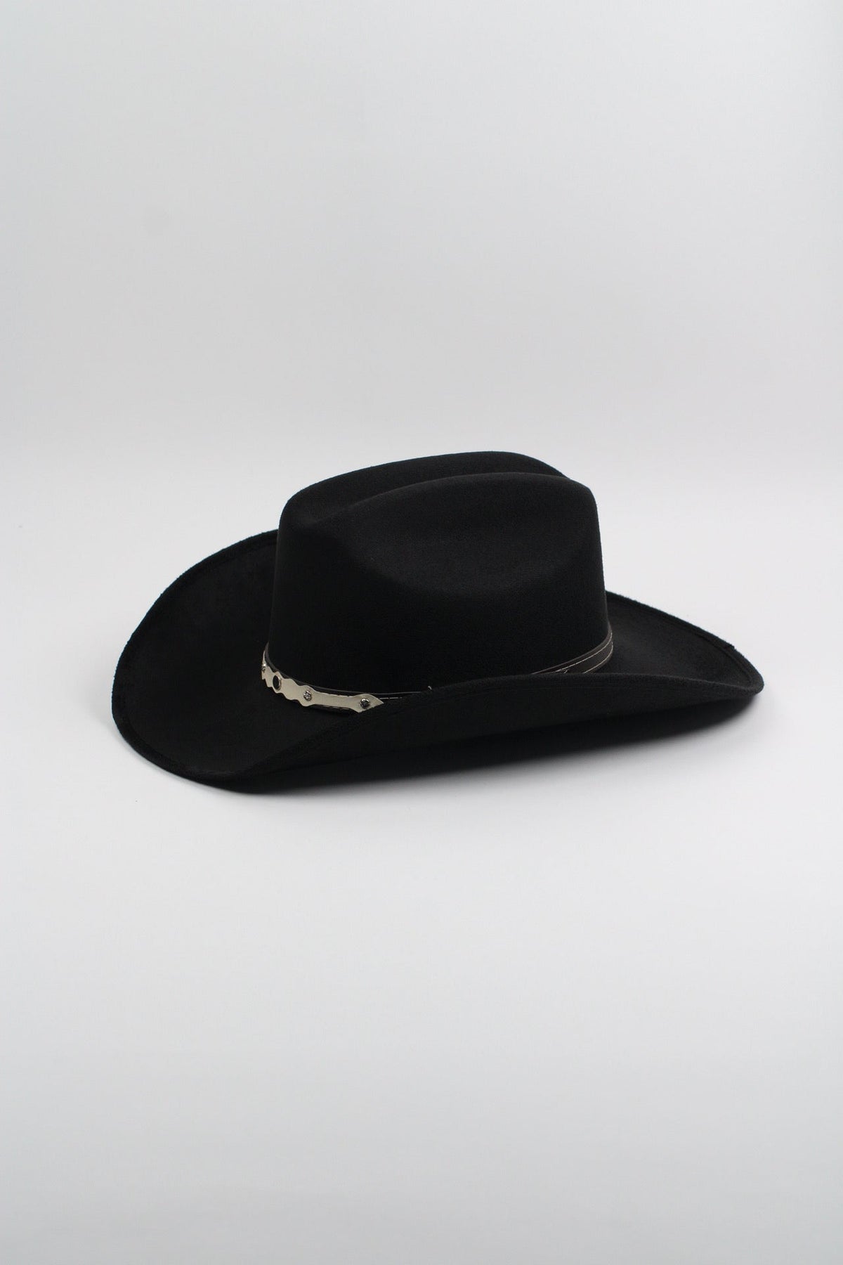 Black vegan suede cowboy hat with a lifted brim and faux leather band