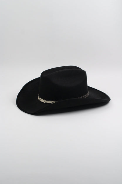 Black vegan suede cowboy hat with a lifted brim and faux leather band