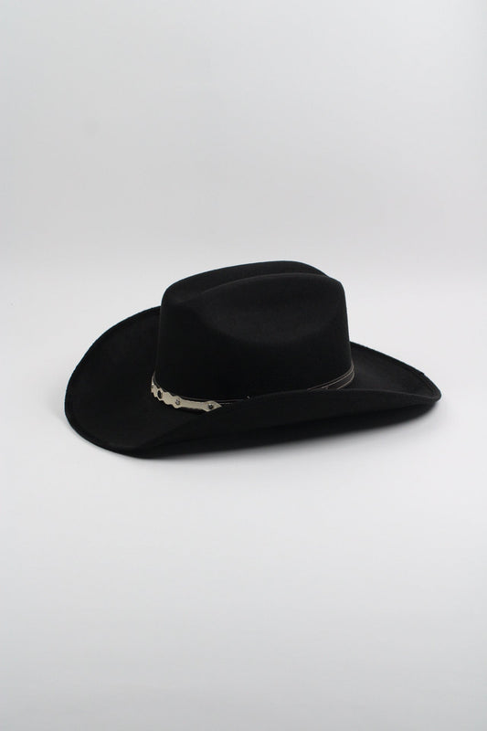 Black vegan suede cowboy hat with a lifted brim and faux leather band
