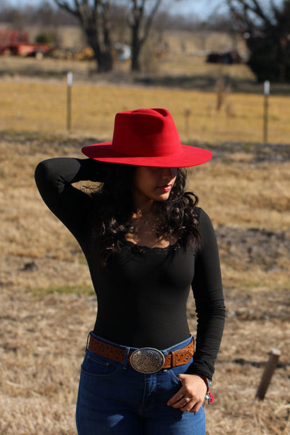 Red merino wool felt rancher hat with a lifted brim