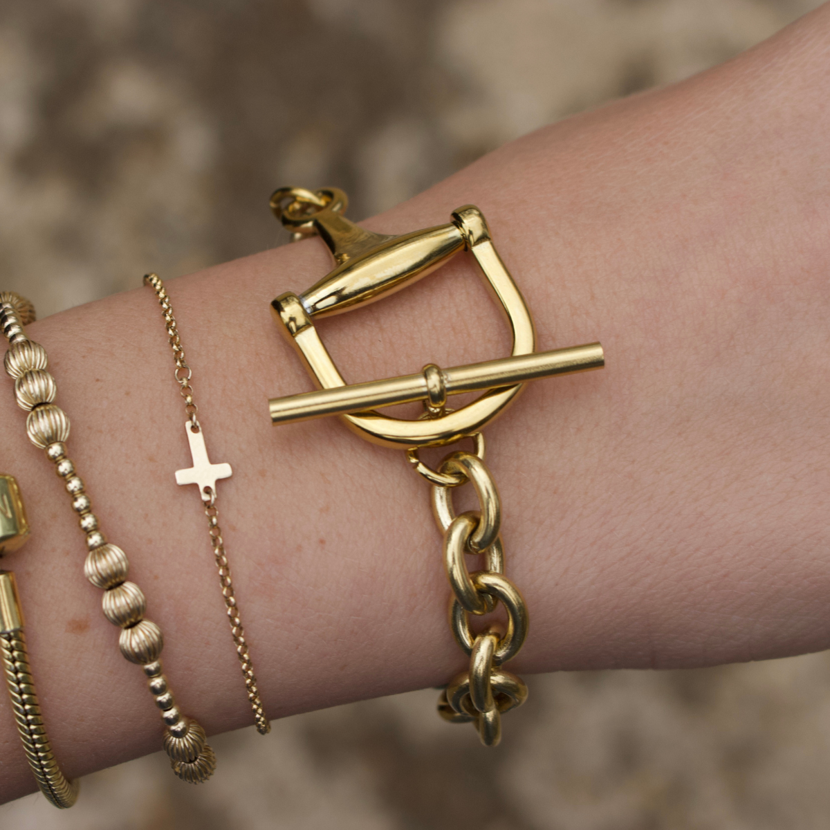 Gold horse bit toggle bracelet, view 2