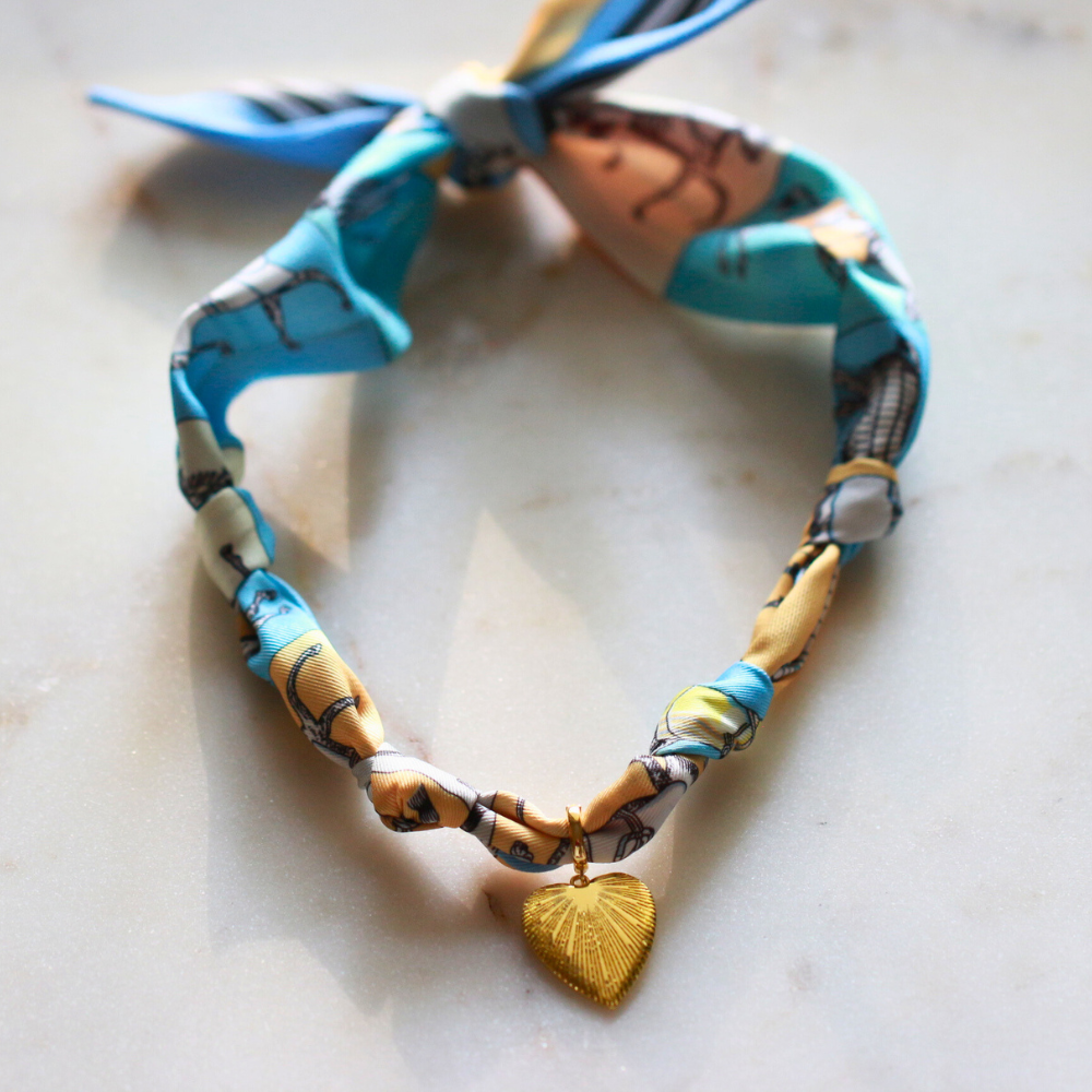 Blue horse print silk scarf necklace with gold charm