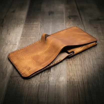 Saddle tan leather bifold badge wallet with badge slot, view 2