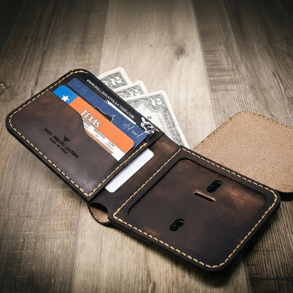 Oath Badge Bifold Wallet in Walnut Brown by Bull Sheath Leather