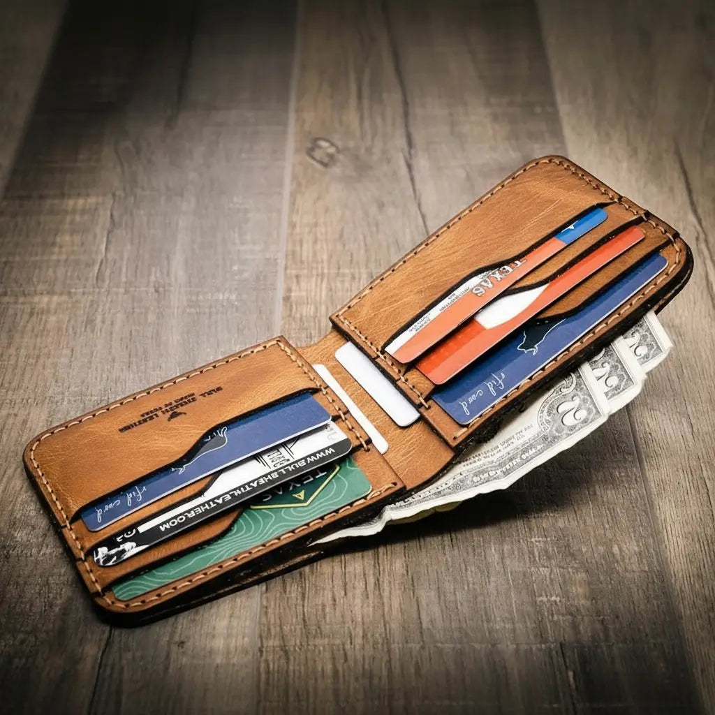 Saddle tan leather bifold wallet open to show eight card slots, view 4