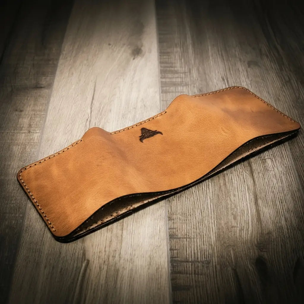 Saddle tan Horween leather trifold wallet with card slots, view 3