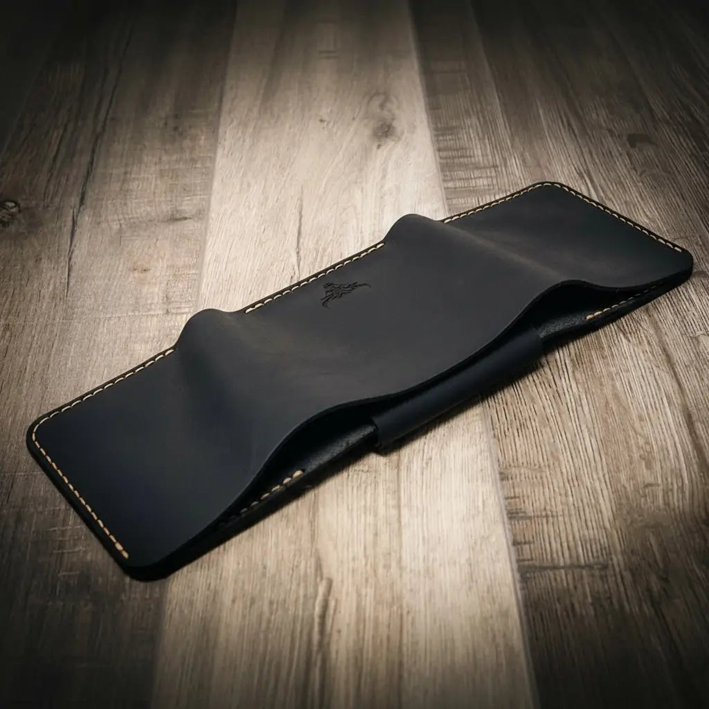 Long Shift Badge Trifold Wallet in Black by Bull Sheath Leather, view 3
