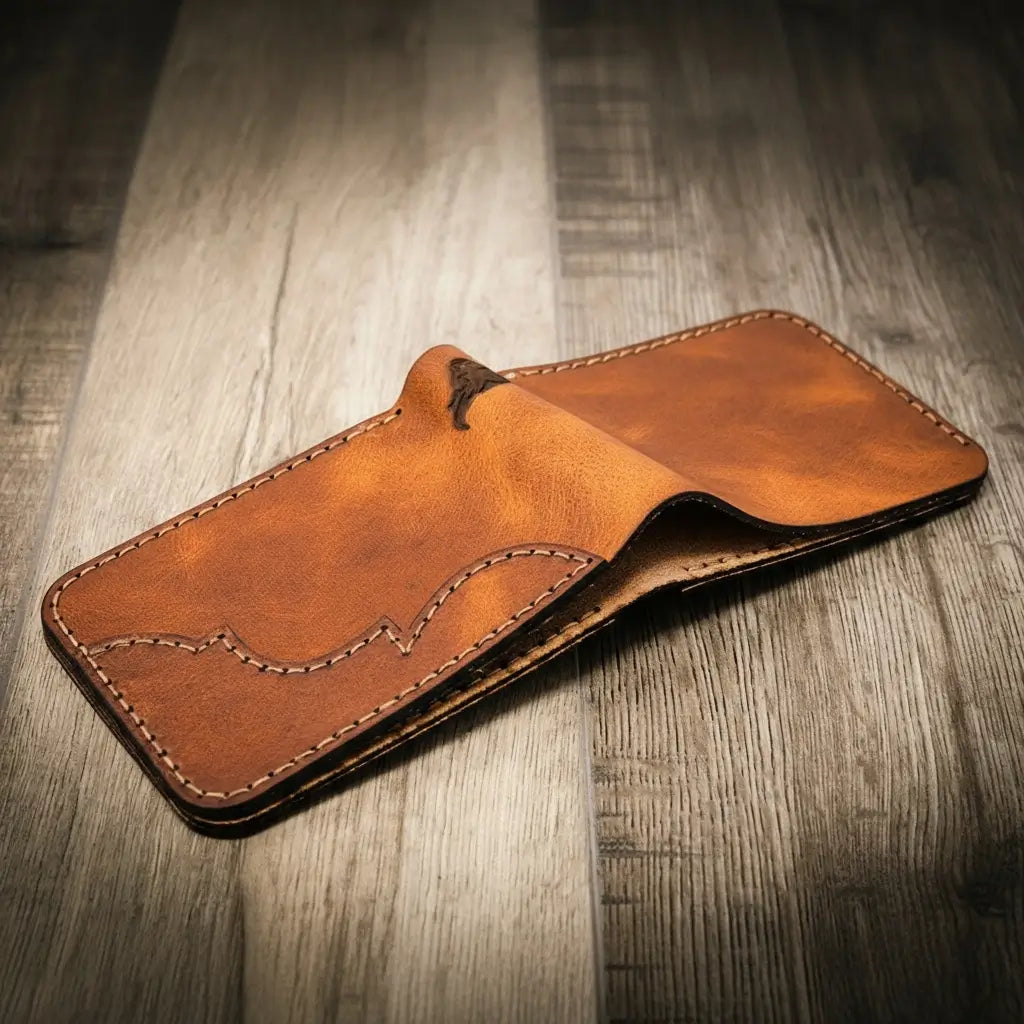 Western medallion full-grain leather bifold wallet by Bull Sheath, view 11