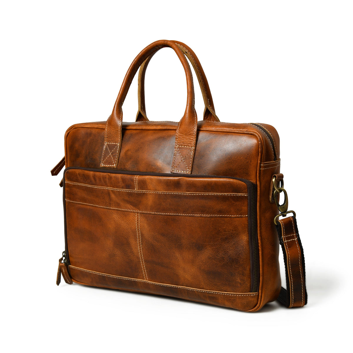 Brown buffalo leather briefcase with orange accents and top handle, view 2