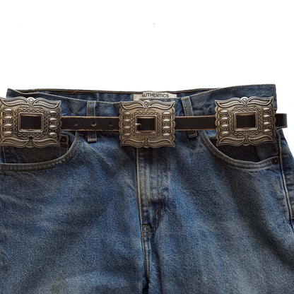 Distressed leather belt with silver rectangular conchos, view 12