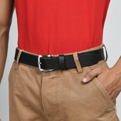 Textured black leather belt with buckle, view 2