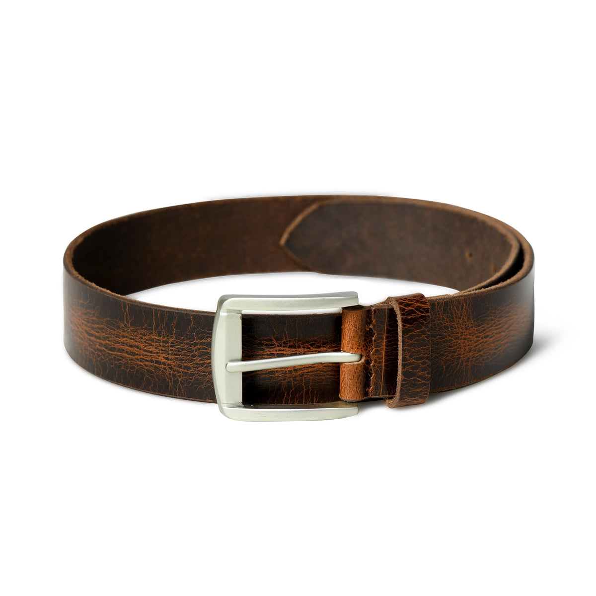 Brown leather belt with black accents and metal buckle, view 4
