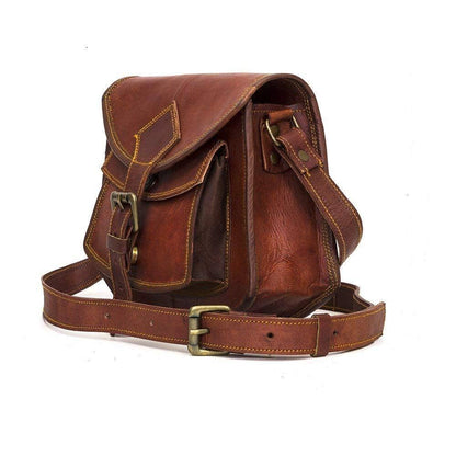 Vintage brown goat leather crossbody bag with buckle flap and adjustable strap, view 3