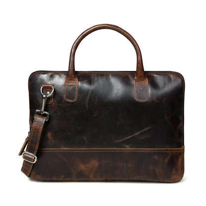Dark brown buffalo leather laptop briefcase with shoulder strap, view 2