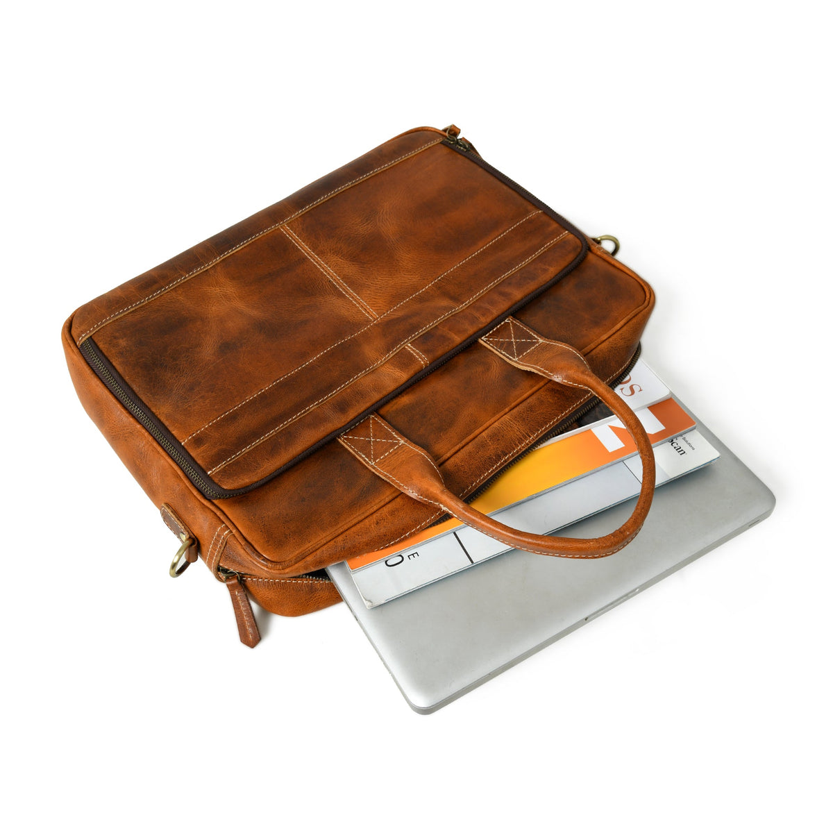 Brown buffalo leather briefcase with orange accents and top handle, view 4