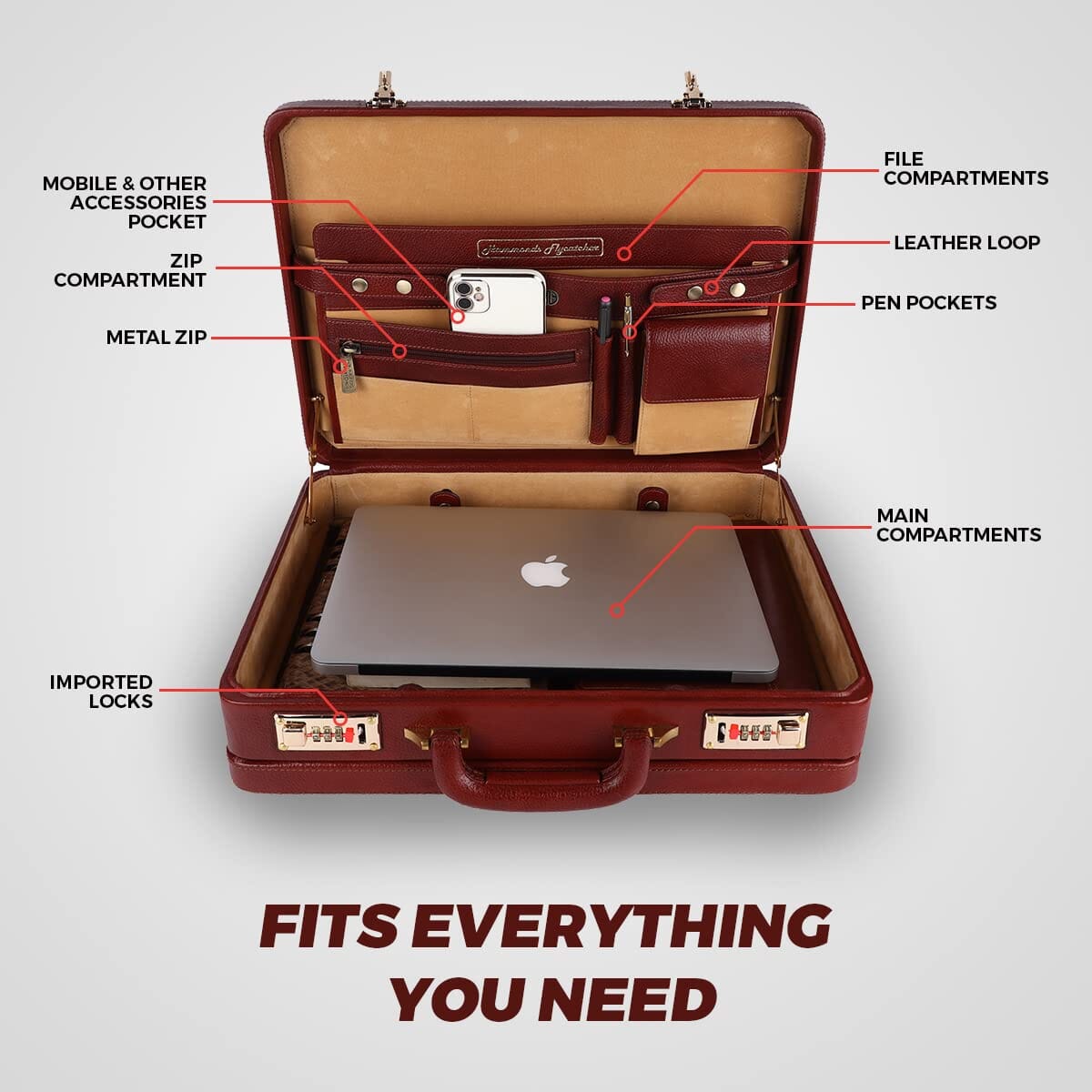 Full-grain leather expandable briefcase with dual combination locks, view 4