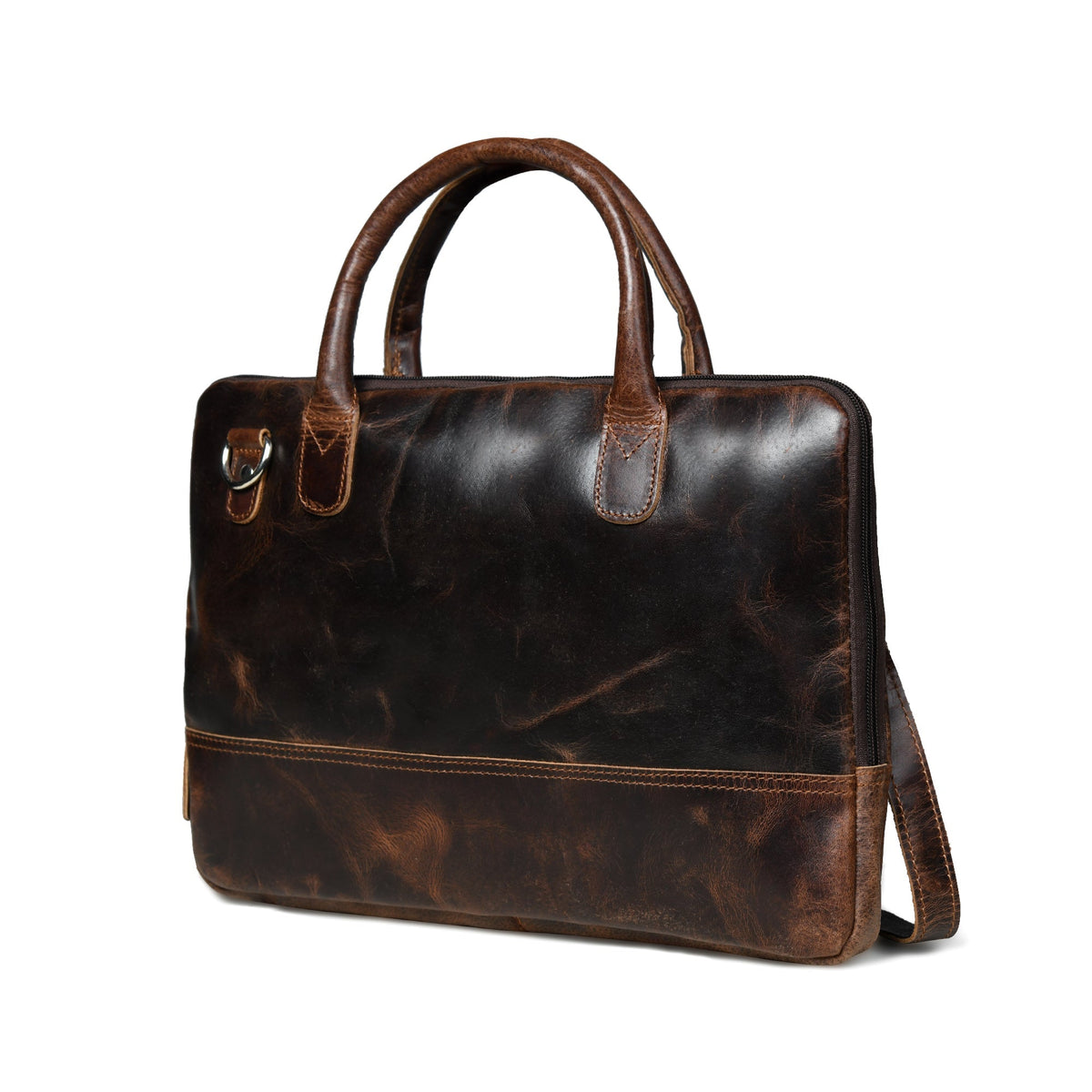 Dark brown buffalo leather laptop briefcase with shoulder strap