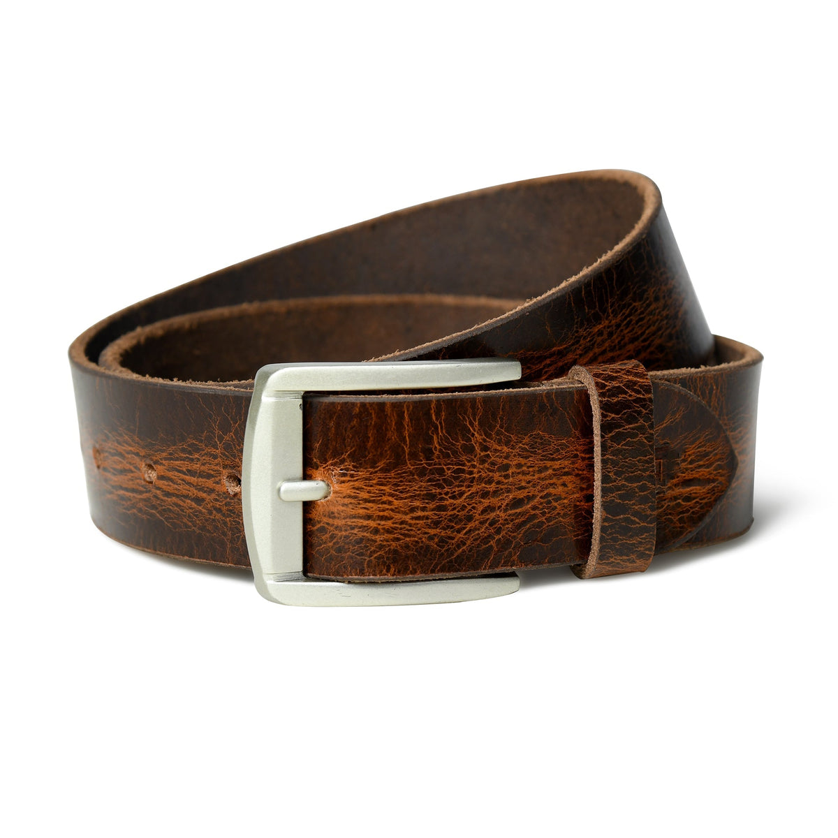 Brown leather belt with black accents and metal buckle, view 3