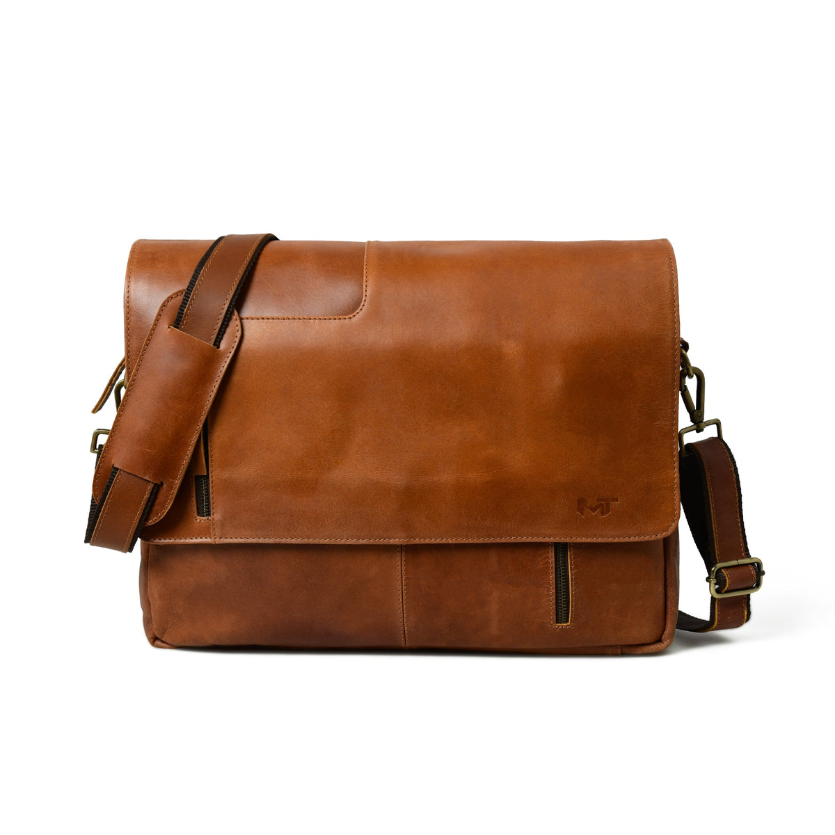 Tan buffalo leather crossbody bag with brass clasp flap, view 2