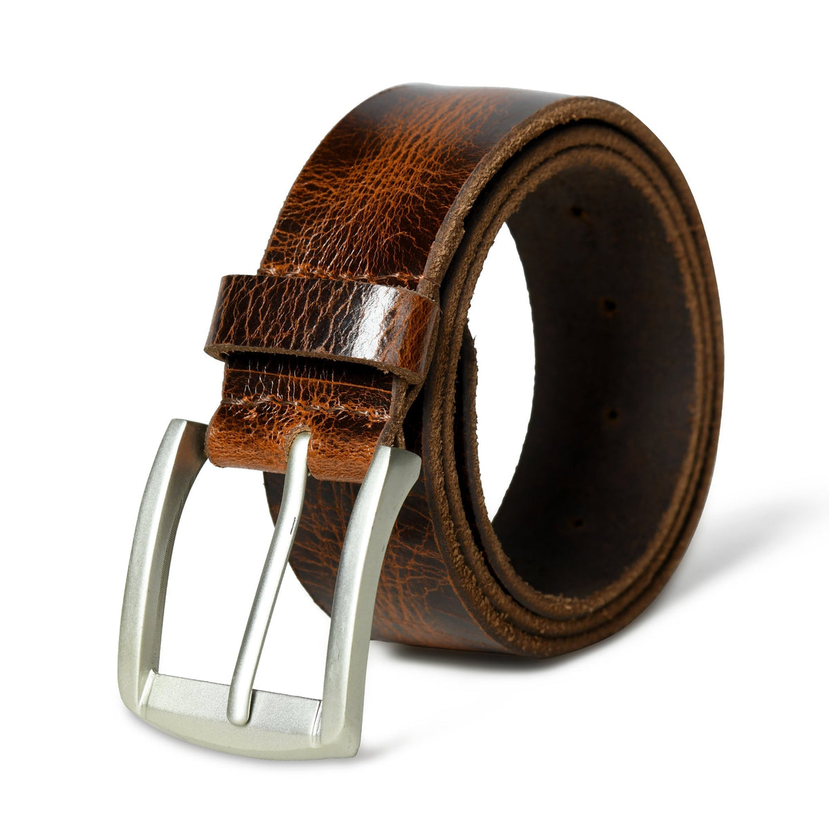 Brown leather belt with black accents and metal buckle