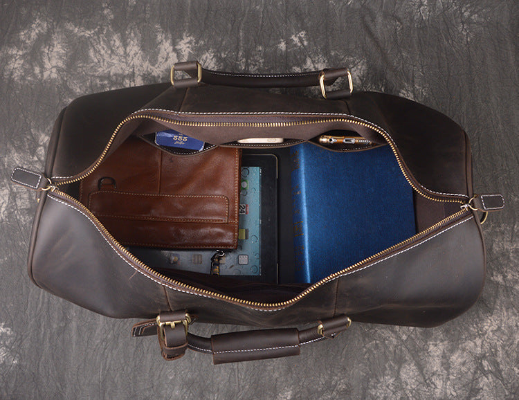 Crazy horse leather weekender bag with shoe compartment by RockCow, view 17