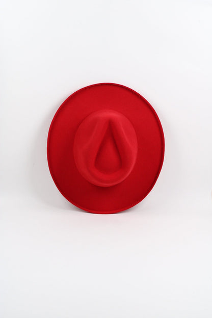 Cherry red wool felt hat with a teardrop crown and pencil-rolled brim, view 4
