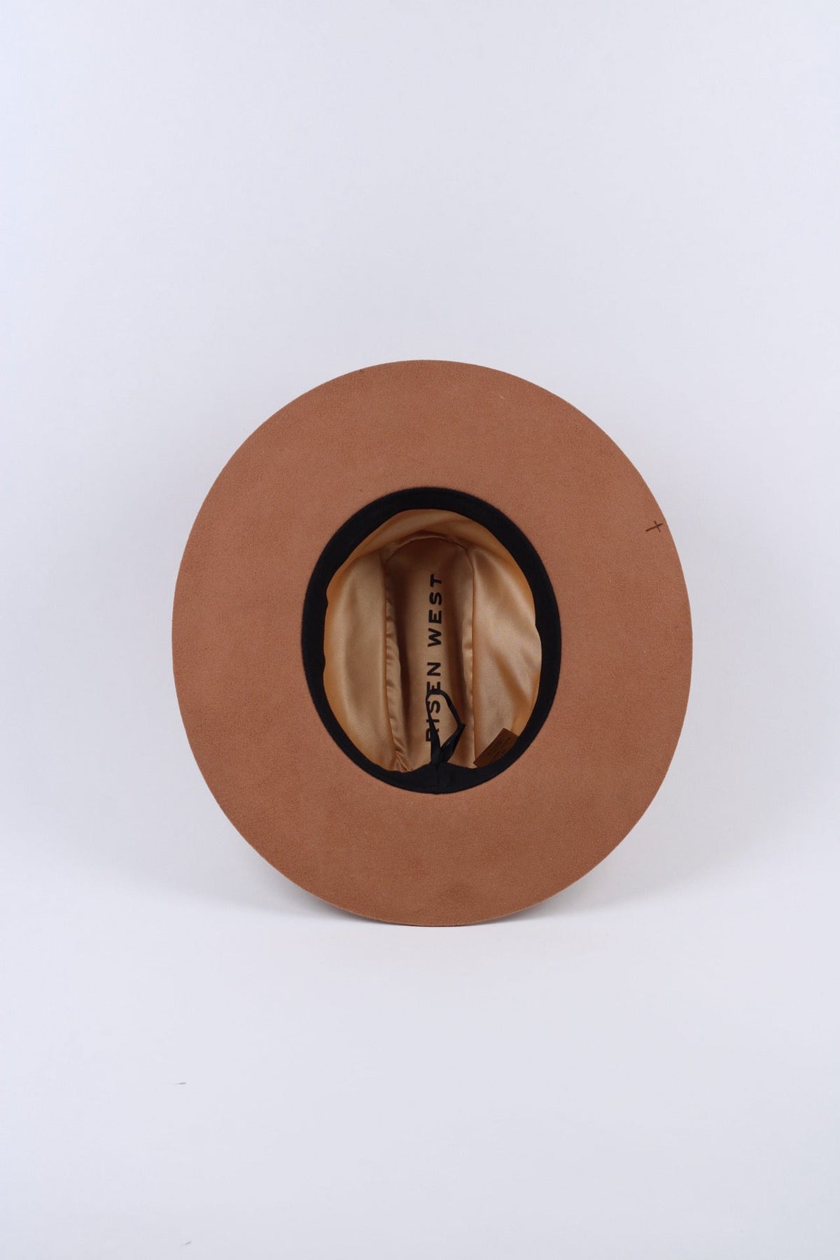 Tan wool flat brim cattleman hat with a hand-burned sunset and mountain design, view 4