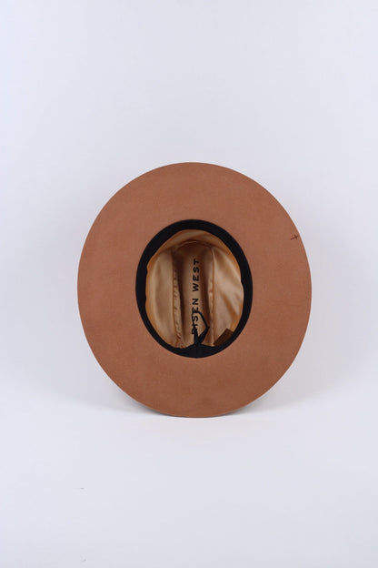 Tan wool flat brim cattleman hat with a hand-burned sunset and mountain design, view 4
